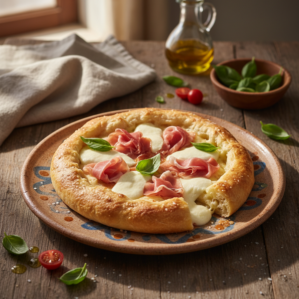 Illustrazione generata con AI della ricetta Pizza rustica con mozzarella e prosciutto